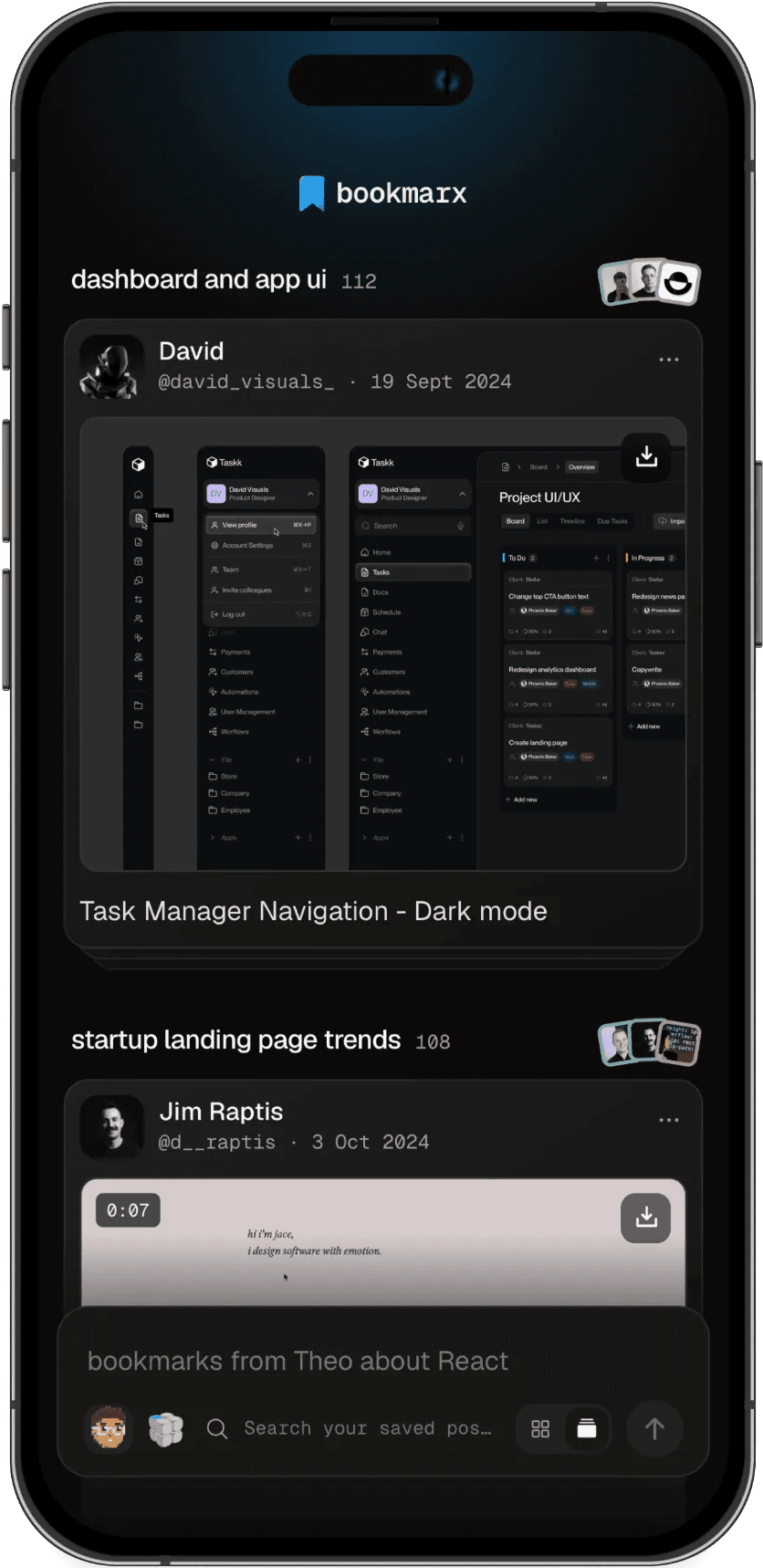 The collections page on a phone: collections, each a fanned deck of posts with a post count and a one-line summary.