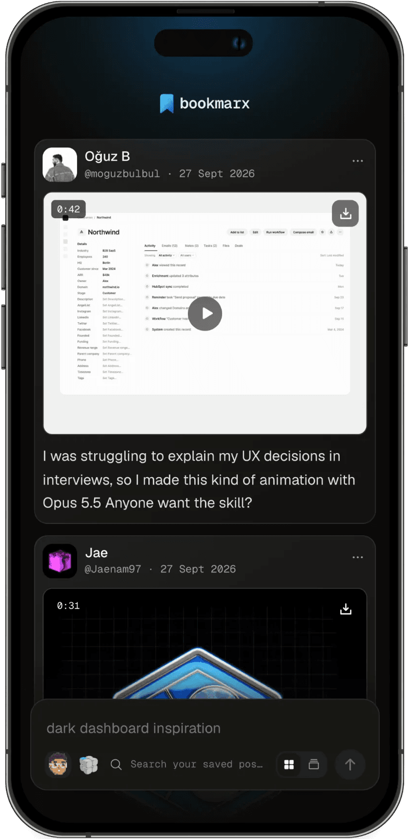 The library on a phone: recent saves one after another, each with its author, date and the video or image it carried.